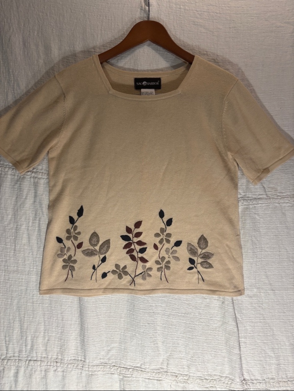 Sag Harbor Beige Crew Neck Sweater with Leaf Embroidery Ramie/Cotton Blend